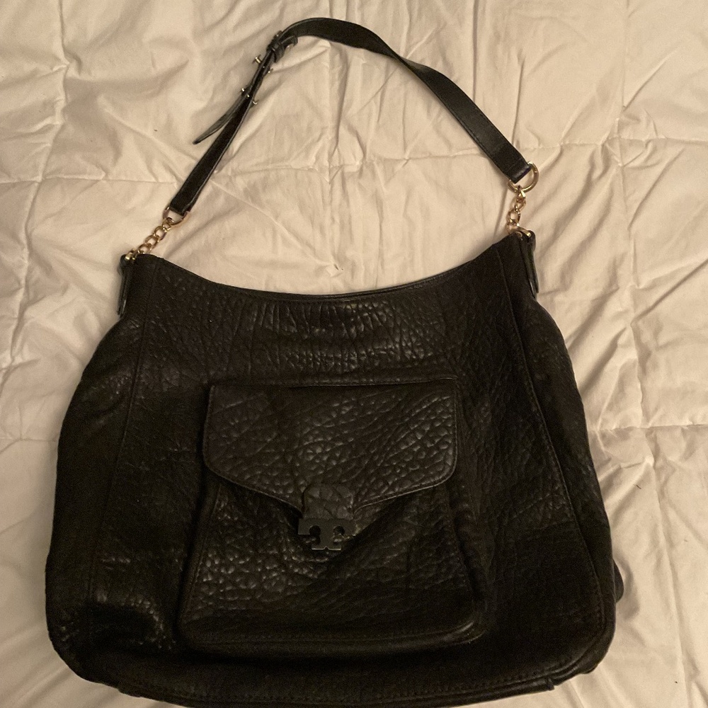 TORY BURCH Black Leather Shoulder Bag with Front Pocket